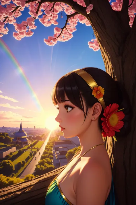 1girl, elegant Unreal Engine, hyper detailed, (cheetah print theme:0.7) , shot from side of a Colorful Sakura ([Sloth|Godess]:1.3) , Rainbow dungeon in background, dense vegetation with Tree, at Sunset, Wide view, Cel shaded, Tranquil, kalighat, Sun Rays, ...