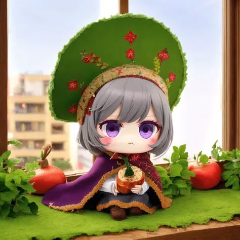 <lora:kokoshnik:1.0>, kokoshnik,  wearing hat, headpiece, 1girl, apartment, bean, blush stickers, building, chibi, cloak, comic, daikon, fly, food, fourth wall, garden, glowing, grey hair, hat, highres, merry christmas, rooftop, short hair, solo, straw hat...