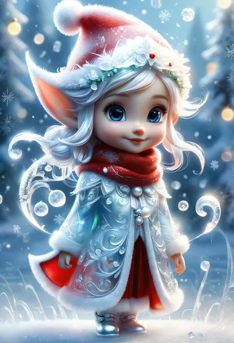 chibi, masterpiece, best quality, original, official art, Epoch Elves, red scarf,white clothing, grass,blurred background, cartoon rendering, beautiful detailed glow, (detailed ice), beautiful detailed water, and I want the Disney Pixar style in a white ba...