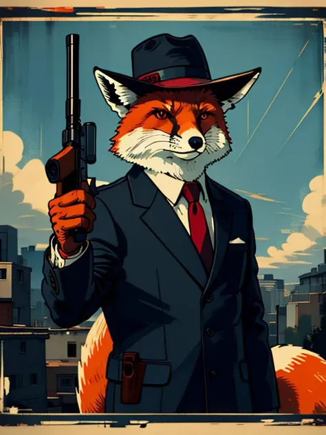 master piece, high quality, A fox, private detective, hat follows a lead, hold a gun, J_poster <lora:J_poster:0.8>