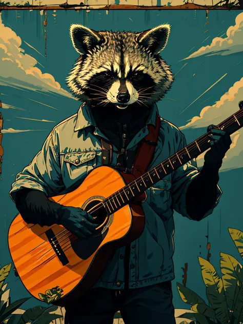 master piece, high quality, A raccoon, musician, guitar strums tunes, J_poster <lora:J_poster:0.8>