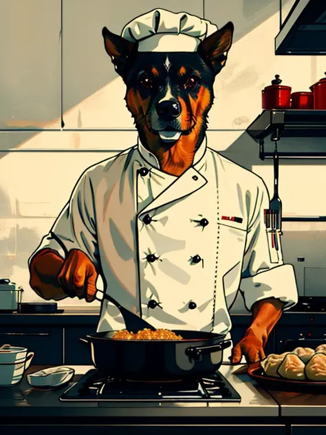 master piece, high quality, A dog, chef, white uniform, cooks dumplings, J_poster <lora:J_poster:0.8>