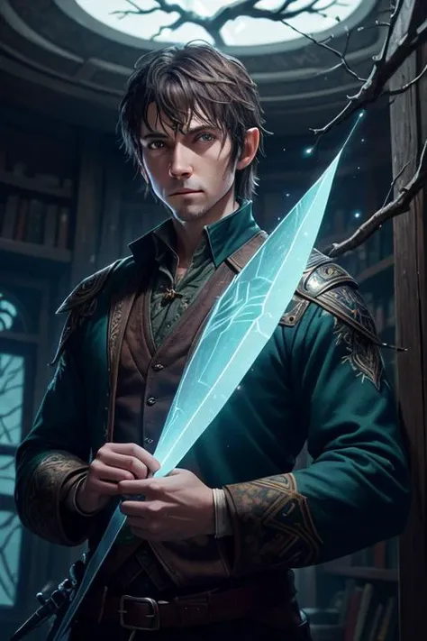 a man in a green shirt holding a sword in front of a window