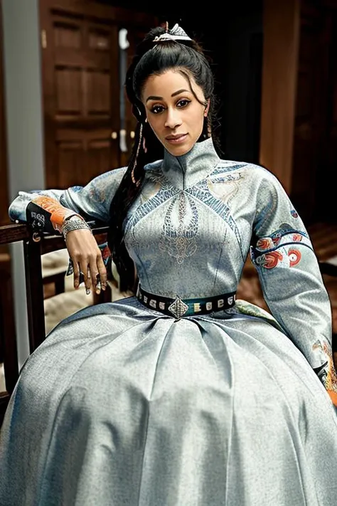 cardib wearing feiyu_clothes with embroidery and bracer, 8k uhd, Canon EOS-1D X Mark III, soft lighting, <lora:add_detail:.1> <lora:FYF_v123:.9>