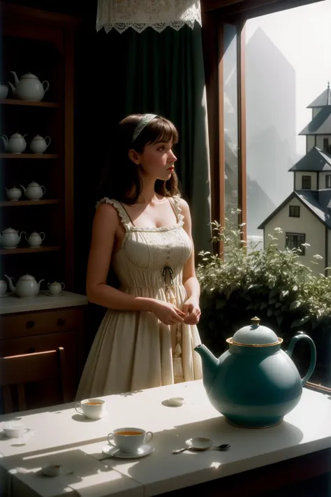 there is a woman standing in front of a table with a tea pot