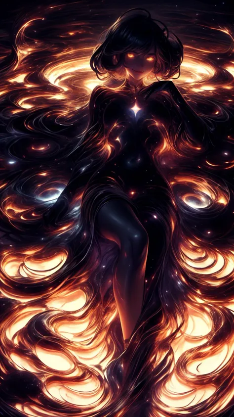 a woman with long hair sitting on a fire ball