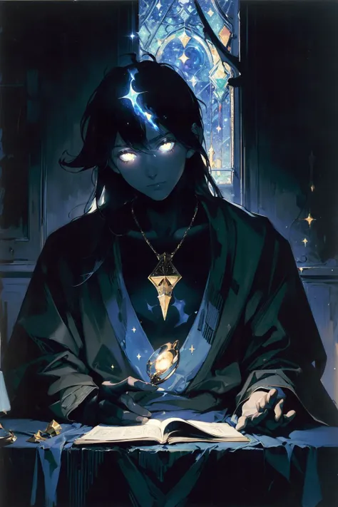 (highly detailed:1.3), (post-Impressionist:1.2),masterpiece, best quality, extreme detail, impressionism painting, realistic, 1boy, fortune teller, tarot cards at a table, long hair, looking at viewer, pale skin, mystical, magical, glow, glowing, dark magi...