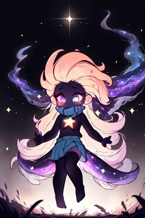 masterpiece, best quality,
,zoe,zuoyi, 1girl,long hair,very long hair,blue and purple eyes,orange hair, (pink and purple hair:0.9),(multicolored hair:0.7), forehead, blue skirt, scarf,
dark celestialskin body , void cosmic body, colored skin, flat color, j...