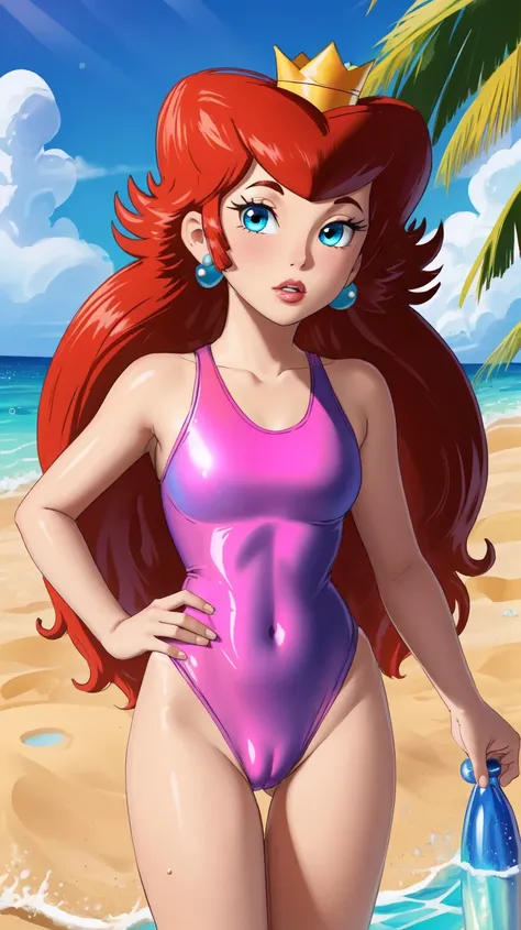 masterpiece,best quality,1girl,princesstoadstool,brown hair,long hair,blue eyes,crown,pink one-piece swimsuit,earrings,looking at viewer,solo,sea,sand,blue sky,tropical island backgroun,<lora:PrincessToadstool:1>,shiny,cameltoe,perfect lighting,