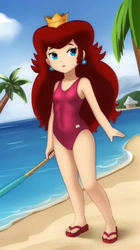 masterpiece,best quality,1girl,princesstoadstool,brown hair,long hair,blue eyes,crown,pink one-piece swimsuit,earrings,looking at viewer,solo,sea,sand,blue sky,tropical island backgroun ,<lora:PrincessToadstool:1>,