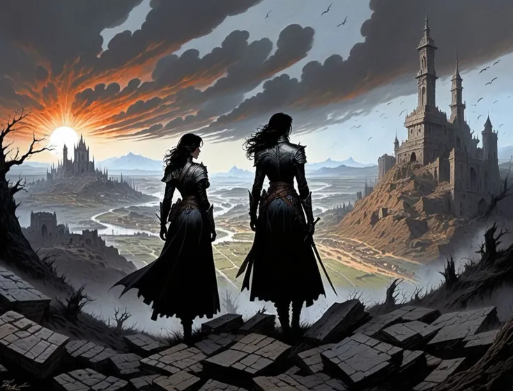 two people standing on a hill overlooking a castle with a sunset