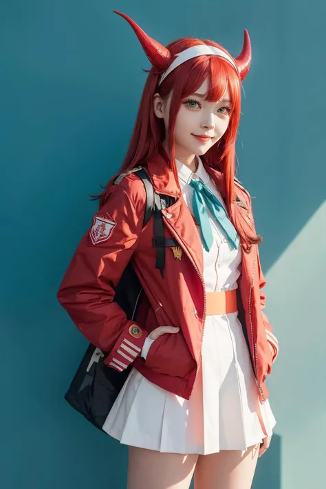 a woman in a red jacket and white skirt posing for a picture