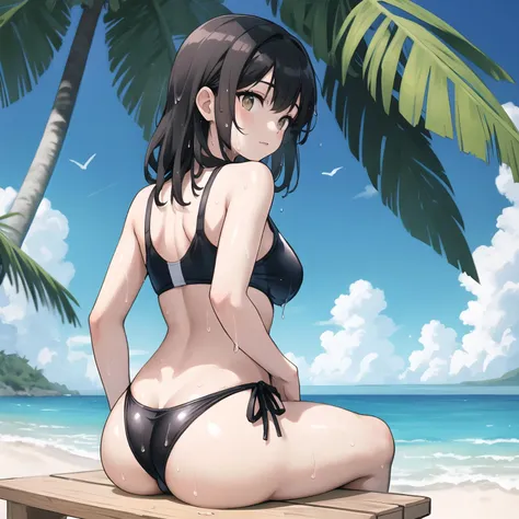 high quality, highly detailed, detailed background, female, thick thighs, swimsuit, sitting, back, butt, drenched, wet, beach, sunny, tropical, from behind