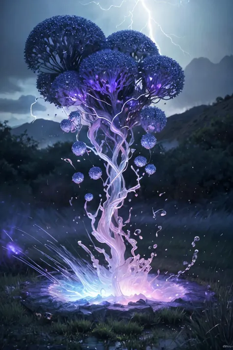 a purple tree with blue flowers and lightning in the background