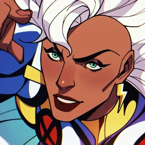 a close up of a cartoon character with a white hair