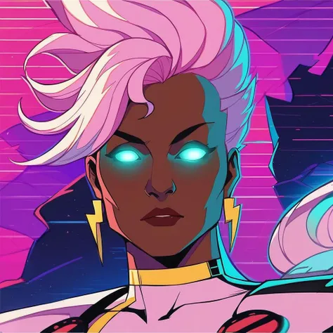 a woman with pink hair and blue eyes stands in front of a neon background