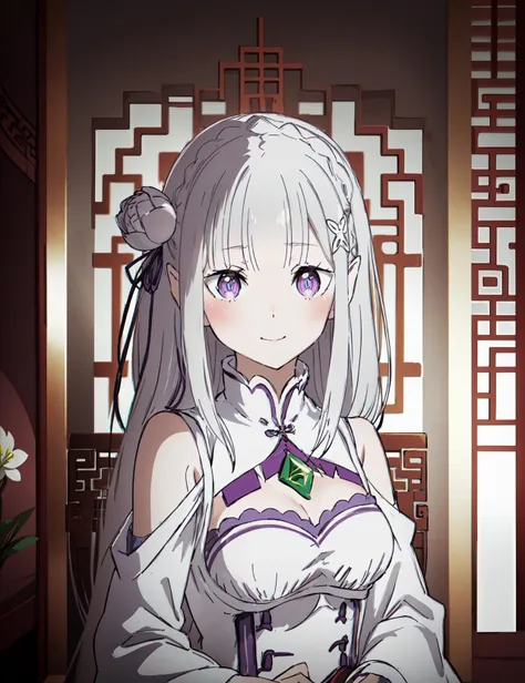 anime girl with long white hair and purple eyes in a room（emilia (re:zero))