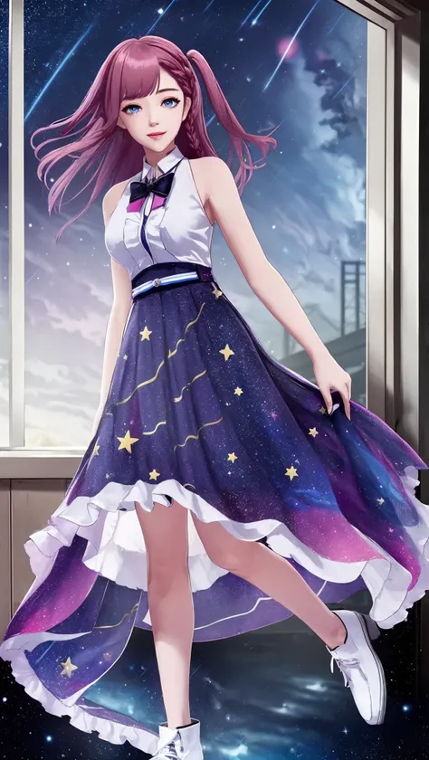 ((masterpiece)),(((bestquality))),((ultra-detailed)), asta,full body, looking at viewer,1girl, solo, shirt, blue eyes, bow, braid, sleeveless, sleeveless shirt, smile, long hair, looking at starry sky, black bow, skirt, bowtie, hair ornament, one side up, ...