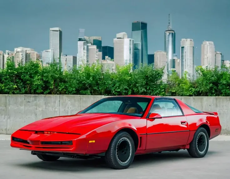 red car kitt1984 with a city in the background <lora:kitt1984XL:0.8>