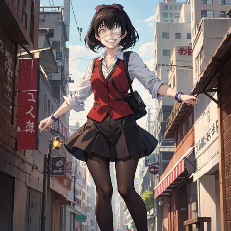 <lora:midari-kakegurui:0.7>,looking at viewer,grin,
midari ishikima,1girl,solo,
hair ribbon,short hair,eye patch,collared_shirt,vest,pantyhose,
full body,standing,city,