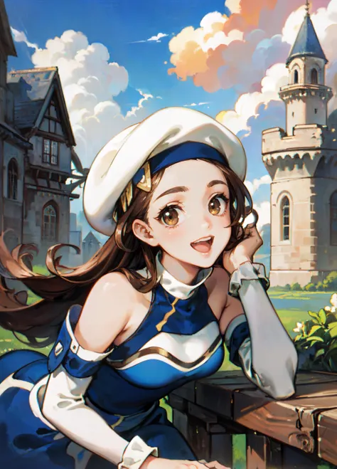 anime girl in sailor outfit leaning on railing with castle in background