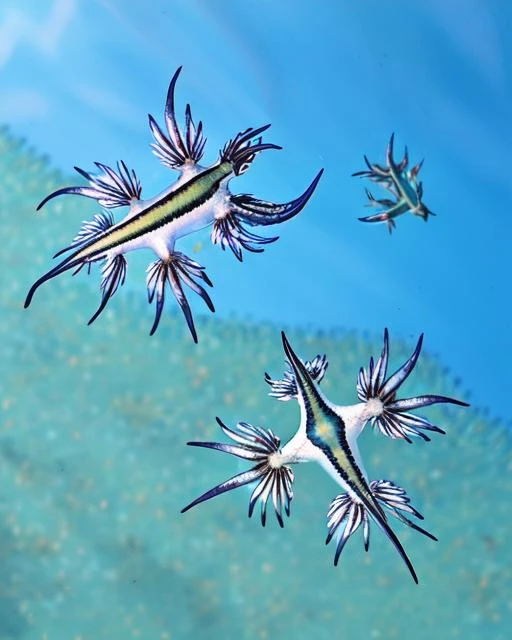 there are three sea slugs flying in the air above the water