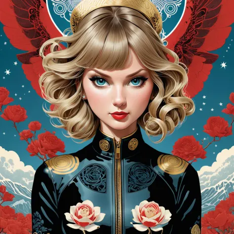 a digital illustration of taylor swift, style of shepherd fairey, by Yuko Shimizu, inspired by Yuko Shimizu, james jean , by Yuko Shimizu and Oliver Jeffers and Sammy Harkham and Simone Massoni<lora:Chromatic_Taleweaver:1>