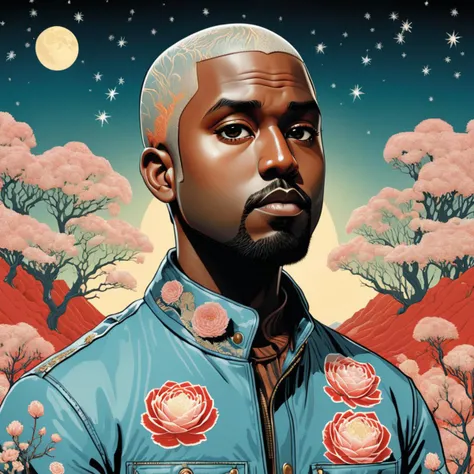 a digital illustration of kanye west, style of shepherd fairey, by Yuko Shimizu, inspired by Yuko Shimizu, james jean , by Yuko Shimizu and Oliver Jeffers and Sammy Harkham and Simone Massoni<lora:Chromatic_Taleweaver:1>