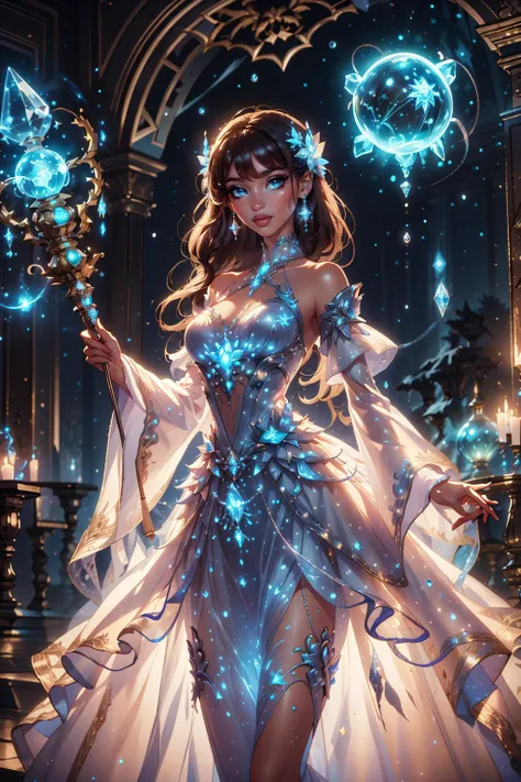 a woman in a white dress holding a wand and a blue light