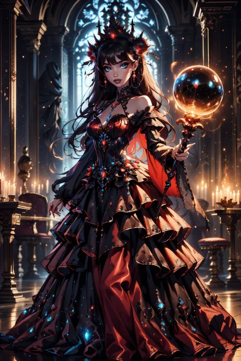 a woman in a red dress holding a crystal ball