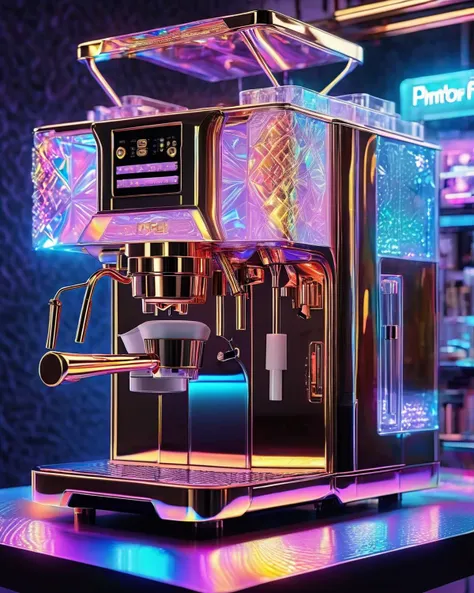 <lora:holographic1_10xl-10:0.7>,high quality exquisite wallpaper,wide_shot,coffee machine,metal exquisite mechanical structure,glowing neon lights,(photon force field:1.5),(holographic:1.2),holographic fabric,