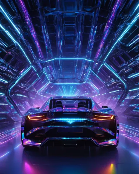 <lora:holographic1_10xl-10:0.7>,(holographic:1.2),holographic fabric,high quality exquisite wallpaper,wide_shot,(sports car:1.3),metal exquisite mechanical structure,(glowing neon lights:1.2),(photon force field:1.5),