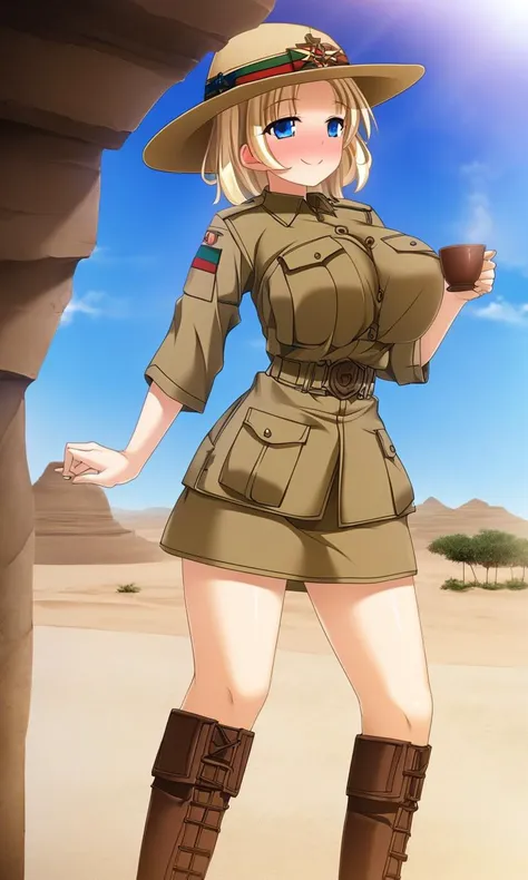 a woman in a uniform and boots standing in a desert