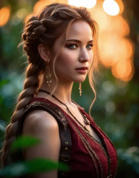 a woman with long hair and a braid in a red dress