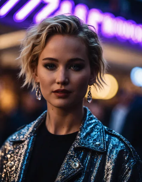 a woman in a black top and silver jacket standing in front of a neon sign