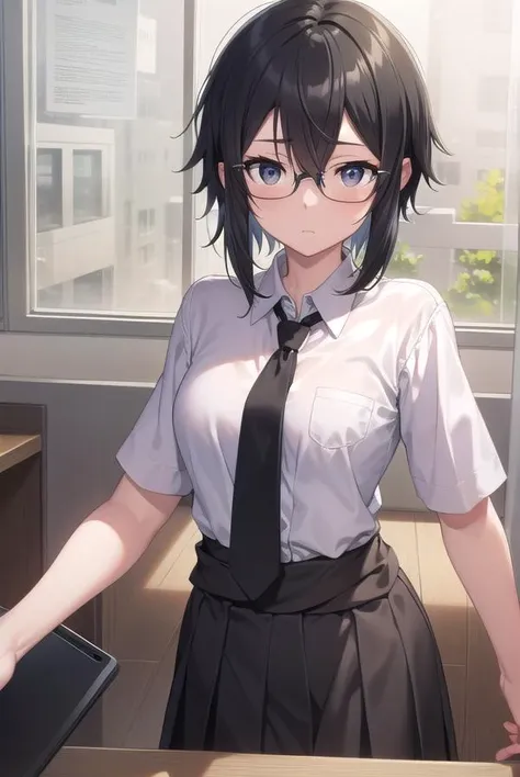 shinoasada, <lyco:shinoasada-lyco-nochekaiser:1>, 
shino asada, (black eyes:1.5), black hair, hair between eyes, hair ribbon, short hair, sidelocks, glasses, (small breast:1.2),
BREAK school uniform, white shirt, necktie, black necktie, black skirt, short ...