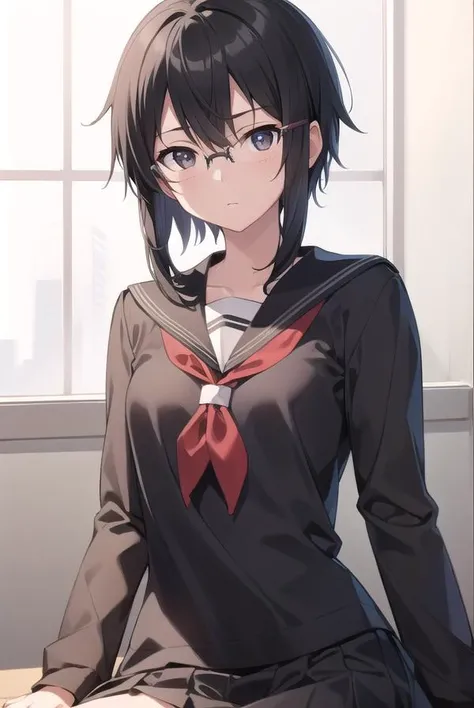 shinoasada, <lyco:shinoasada-lyco-nochekaiser:1>, 
shino asada, (black eyes:1.5), black hair, hair between eyes, hair ribbon, short hair, sidelocks, glasses, (small breast:1.2),
BREAK school uniform, serafuku, sailor collar, black sailor collar, black shir...