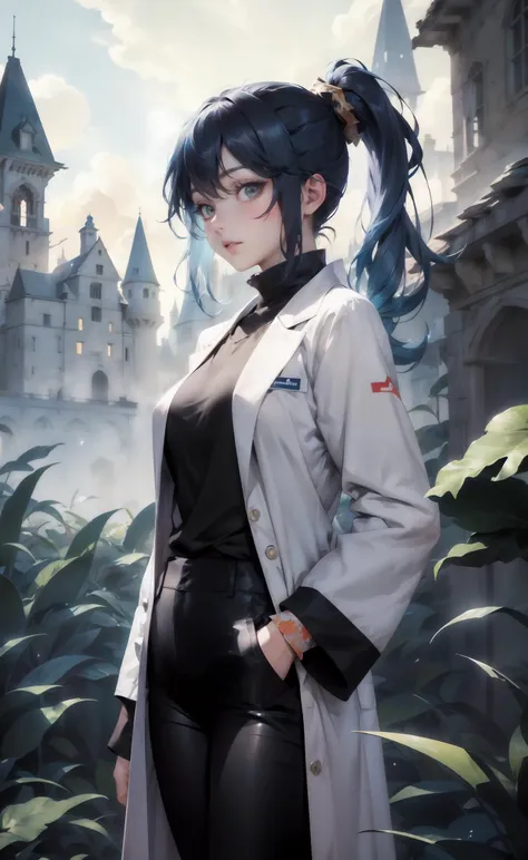 a woman in a white coat standing in front of a castle