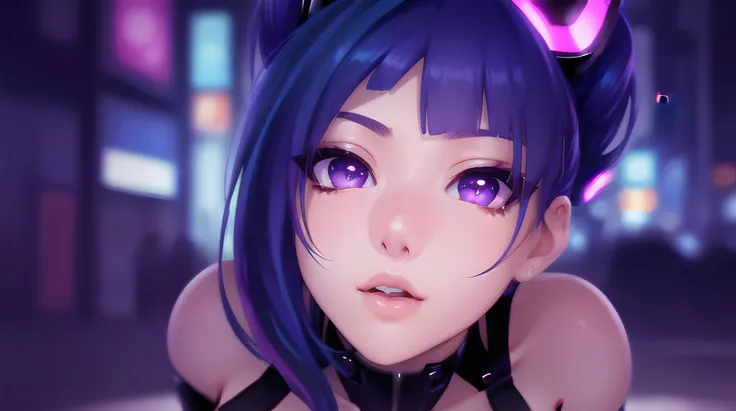 a close up of a person with blue hair and purple eyes