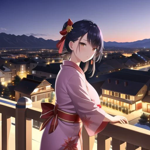 aime, masterpiece, best quality, ((mature woman)), ((big breasts)), ((nsfw)), yukata, (breasts out), ((small breasts)), looking at viewer, (breast focus), standing, leaning on rail, solo, aerial fireworks, aurora, (balcony), building, bush, castle, chimney...