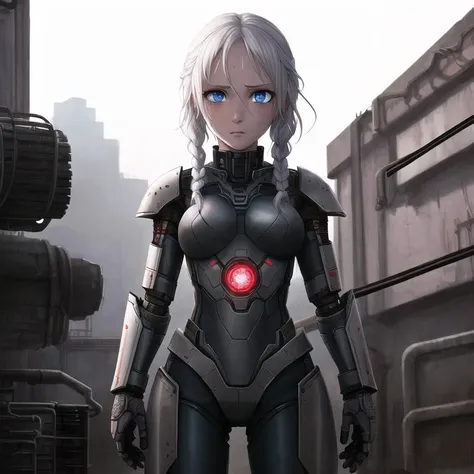 best quality, lying, adventurer, science fiction, robot armor, tubes, wires, drugs, cables, drugged, machinery, white hair, messy hair, side braid, white skin, blue eyes, (empty eyes:1.5), side braid, medium breasts, flower in hair, intricate details, deta...
