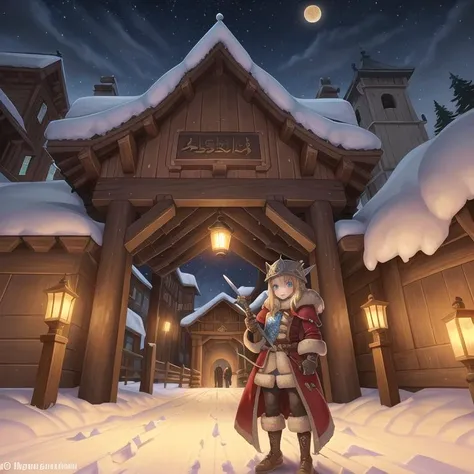 masterpiece, (wooden palisade), (((large ancient wooden city entrance gates))), ((standing at the city gates)), (guarding city gates), night, snow, ice, outdoors, detailed face, simple iron helmet, (full_body), night sky with stars, ((child girl)), fur mit...
