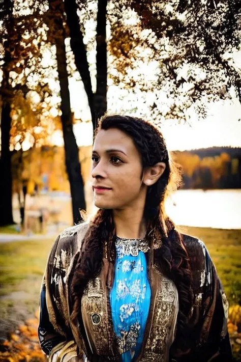 a close up of a woman with long hair standing in a park