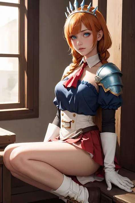 (masterpiece, best quality), 1girl, beautiful face,  <lora:pecorine-lora-nochekaiser:1> pecorine, blue eyes, hair ornament, long hair, orange hair, tiara, braid, hair braid,| arm belt, armor, ascot, blue socks, boots, dress, gloves, hair ornament, open clo...