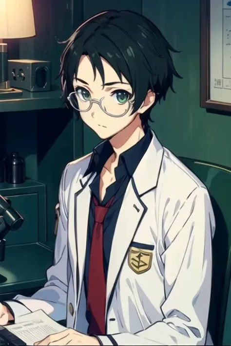 masterpiece, best quality, game cg, 1boy, solo, male focus, looking at viewer, upper body, , <lora:kengo_suguri:0.68>, kengo_suguri, black hair, green eyes, glasses, , science fiction soft science fiction,