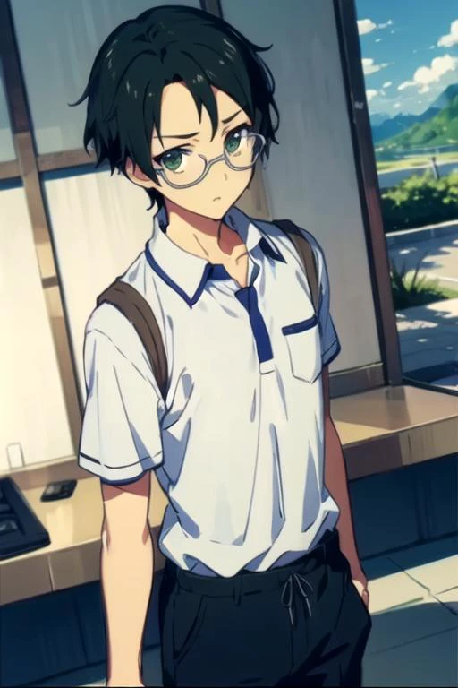 masterpiece, best quality, wallpaper, 1boy, solo, male focus, looking at viewer, , depth of field, <lora:kengo_suguri:0.70>, kengo_suguri, black hair, green eyes, glasses, , The Valley of the Lost,