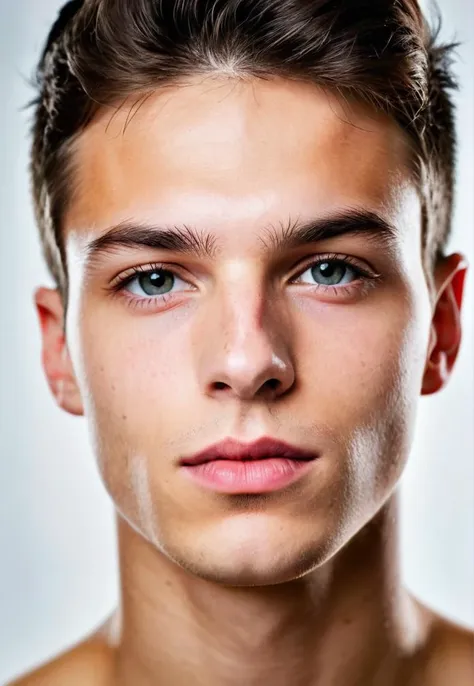 a close up of a man with a very short haircut and a serious look