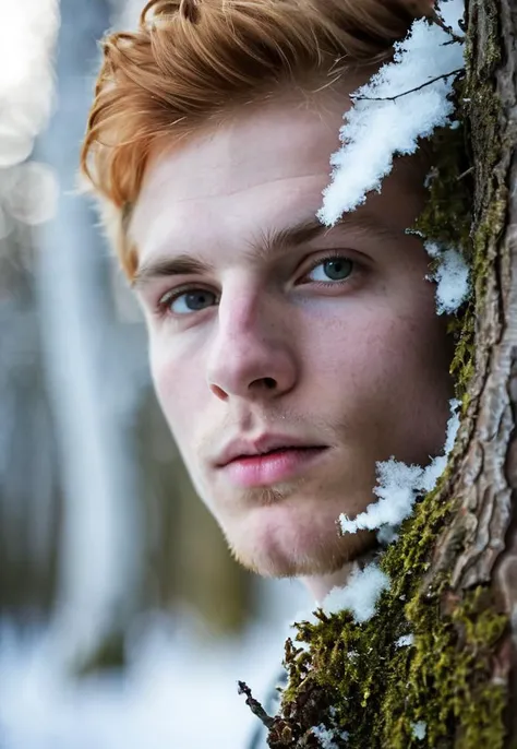 Portrait photography, a young man, sharp detailing, masterpiece, sharp focus face, half face in shadow, high contrast, vibrant colors, finland, folk, fertility, lust, Häme, wise, Menninkäinen fairy spirit, Kullervo hero, Ukko god, beech tree, wool, frost