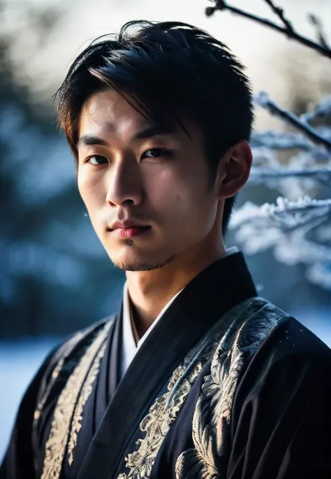 (upper body photography:1.1), a young man, Japanese, sharp detailing, masterpiece, sharp focus face, half face in shadow, high contrast, vibrant colors, dramatic, folk, Finland, frost, Shinto,