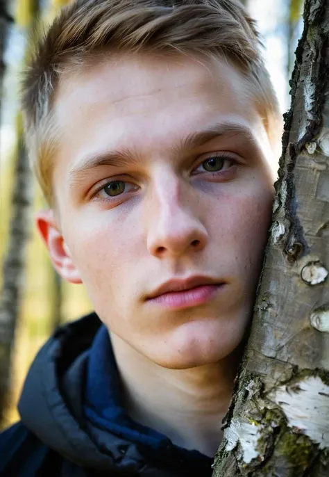 Portrait photography, a vulnerable young man, sharp detailing, masterpiece, sharp focus face, half face in shadow, high contrast, vibrant colors, folklore, finland, fertility, birch tree